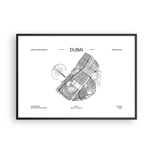 Poster in einem schwarzem Rahmen - Eine minimalistische Schwarzweißkarte von Dubai mit Standortmarkierungen. - 100x70cm - Anatomie von Dubai - Moderne Wanddekoration für Wohnzimmer und Schlafzimmer ARTTOR