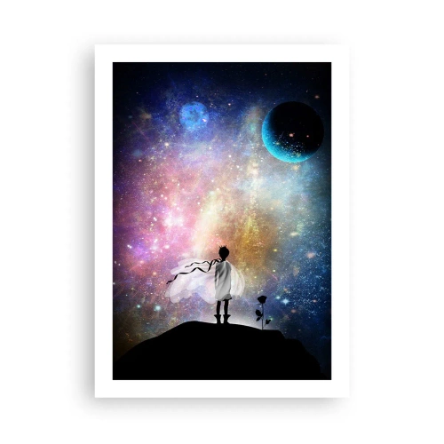 Poster - Eine fantastische Weltraumszene mit der Silhouette einer Figur und einer Rose - 50x70cm - Kleiner Prinz - Moderne Wanddekoration für Wohnzimmer und Schlafzimmer ARTTOR