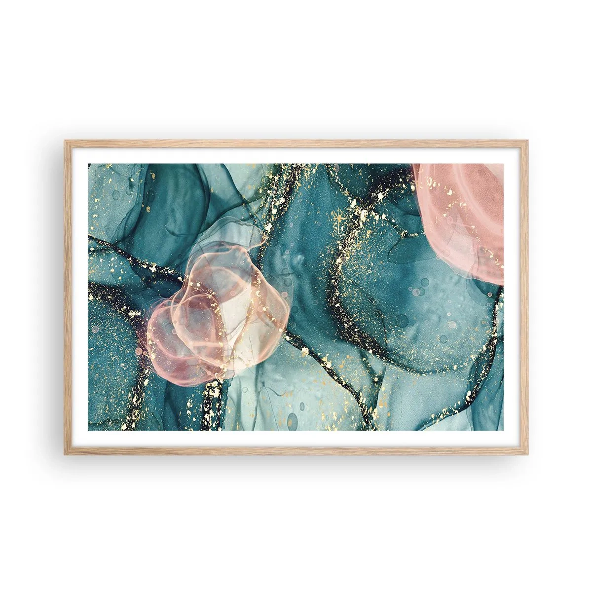 Poster in einem Rahmen aus heller Eiche - Seidenblau, Tüllrosa - 91x61 cm