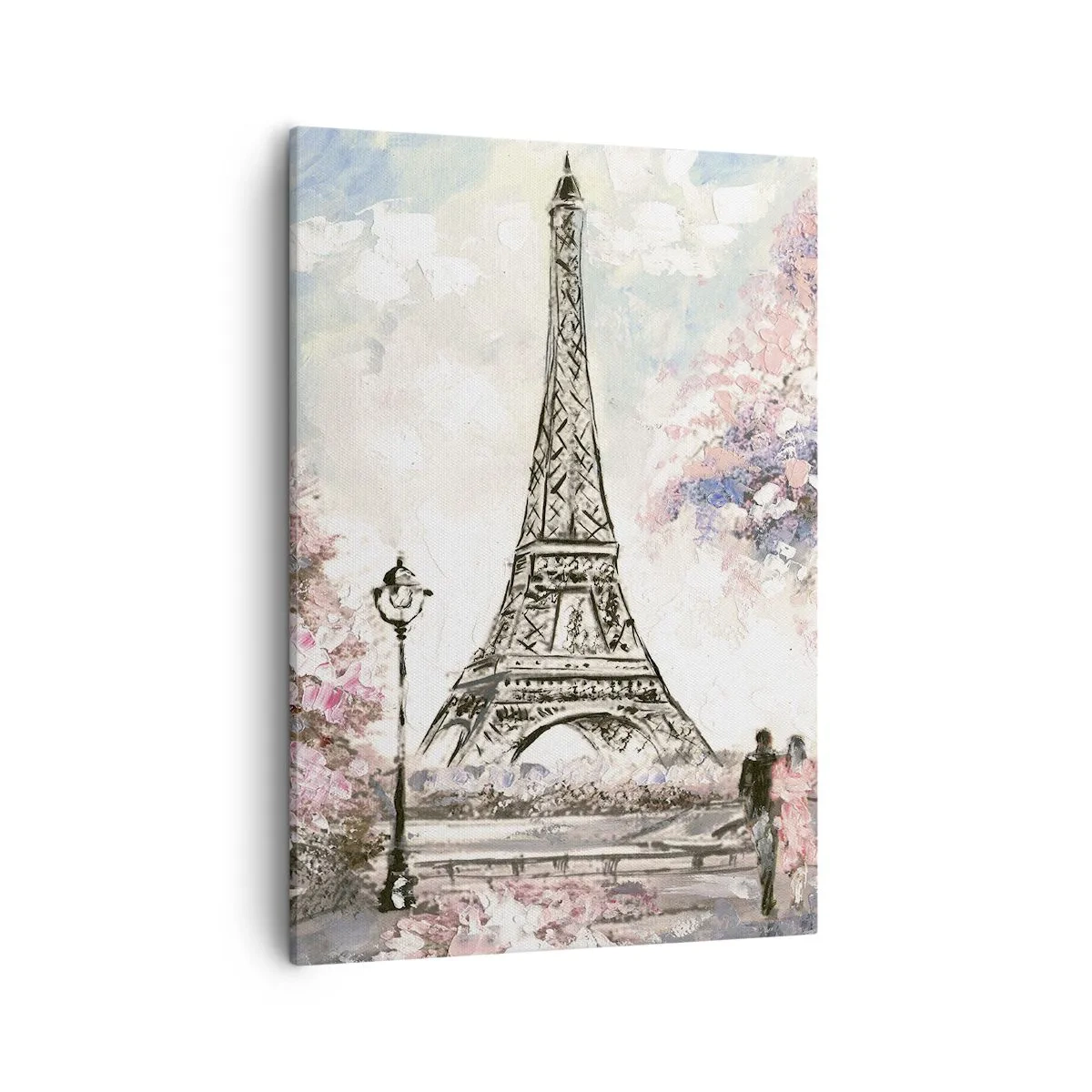 Bild auf Leinwand - Leinwandbild - Der Eiffelturm, umgeben von blühenden Bäumen - 50x70cm - Aprilspaziergang durch Paris - Moderne Wanddekoration für Wohnzimmer und Schlafzimmer ARTTOR