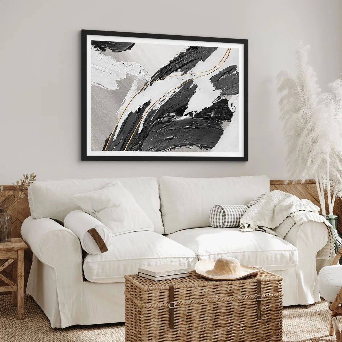 Poster in einem schwarzem Rahmen - Schwarze und weiße Pinselstriche mit einem subtilen goldenen Akzent - 100x70cm - Abstraktion in großem Stil - Moderne Wanddekoration für Wohnzimmer und Schlafzimmer ARTTOR