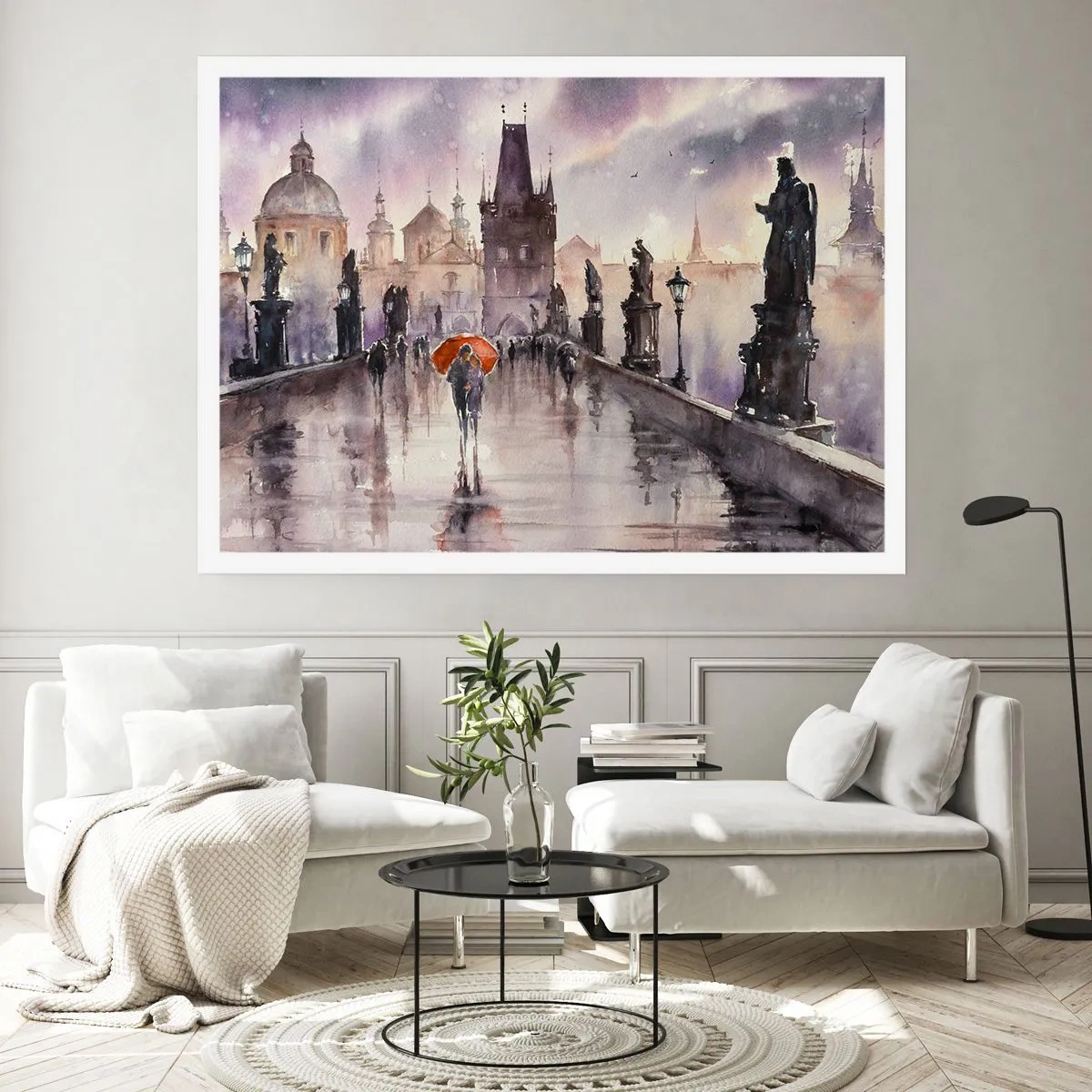 Poster - Romantischer Blick auf eine Brücke mit einem Regenschirm vor der Kulisse einer abendlichen Stadt - 100x70cm - Leute verändern sich nicht - Moderne Wanddekoration für Wohnzimmer und Schlafzimmer ARTTOR