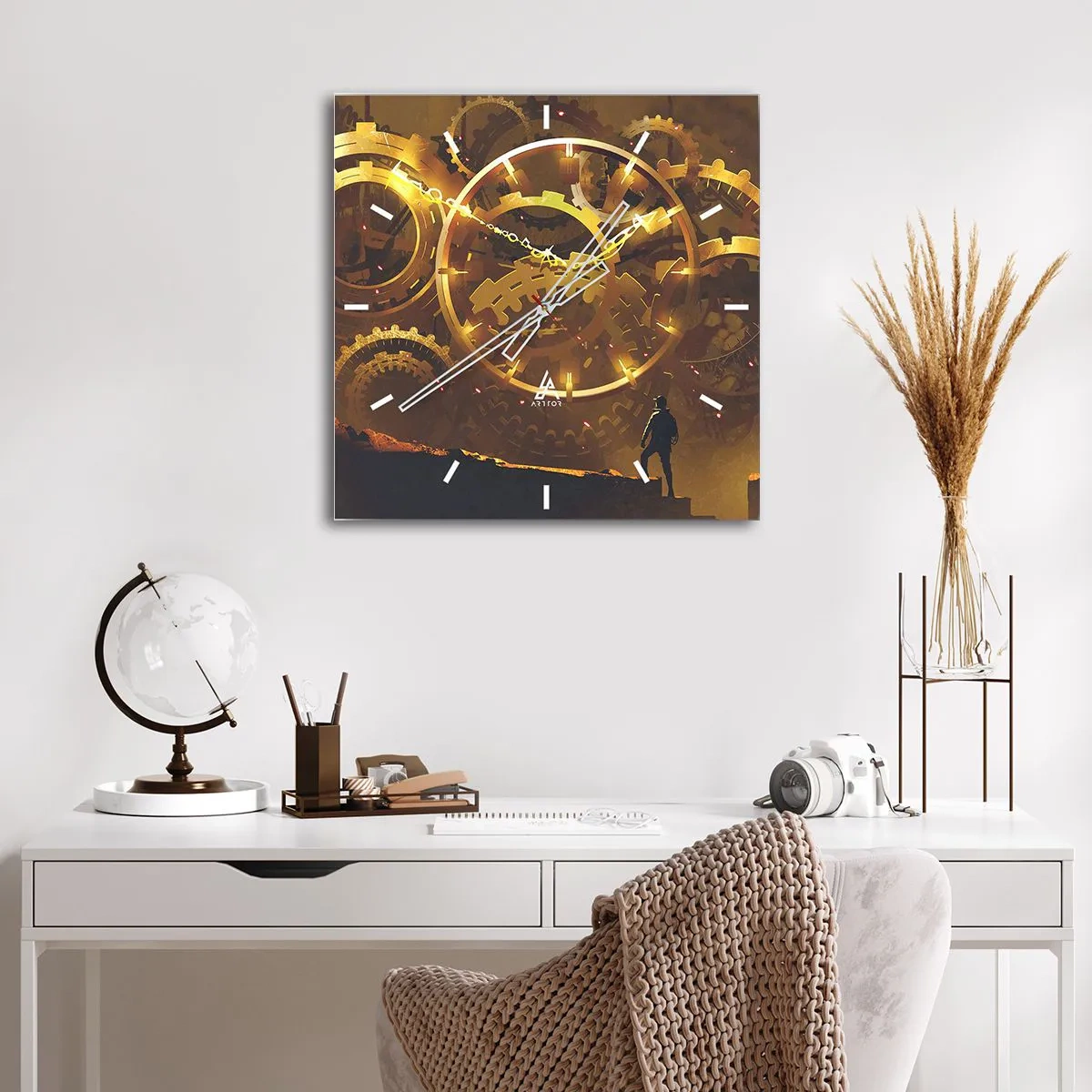 Wanduhr - Glasuhr - Goldene Zahnräder in einer surrealen Umgebung mit einer Figur - 30x30cm - An der Quelle der Zeit - Moderne Wanddekoration für Wohnzimmer und Schlafzimmer ARTTOR