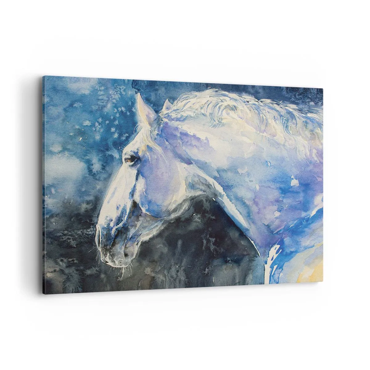 Bild auf Leinwand - Leinwandbild - Ein Porträt eines Pferdes in Blautönen mit malerischem Aquarelleffekt. - 120x80cm - Porträt in blauem Glanz - Moderne Wanddekoration für Wohnzimmer und Schlafzimmer ARTTOR
