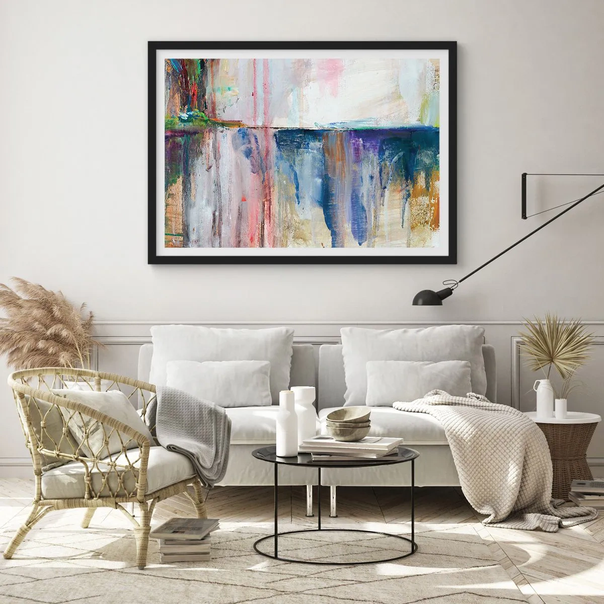 Poster in einem schwarzem Rahmen - Eine abstrakte Farbkomposition mit Reflexionseffekt auf der Leinwand. - 100x70cm - Bunte Eindrücke und Assoziationen - Moderne Wanddekoration für Wohnzimmer und Schlafzimmer ARTTOR