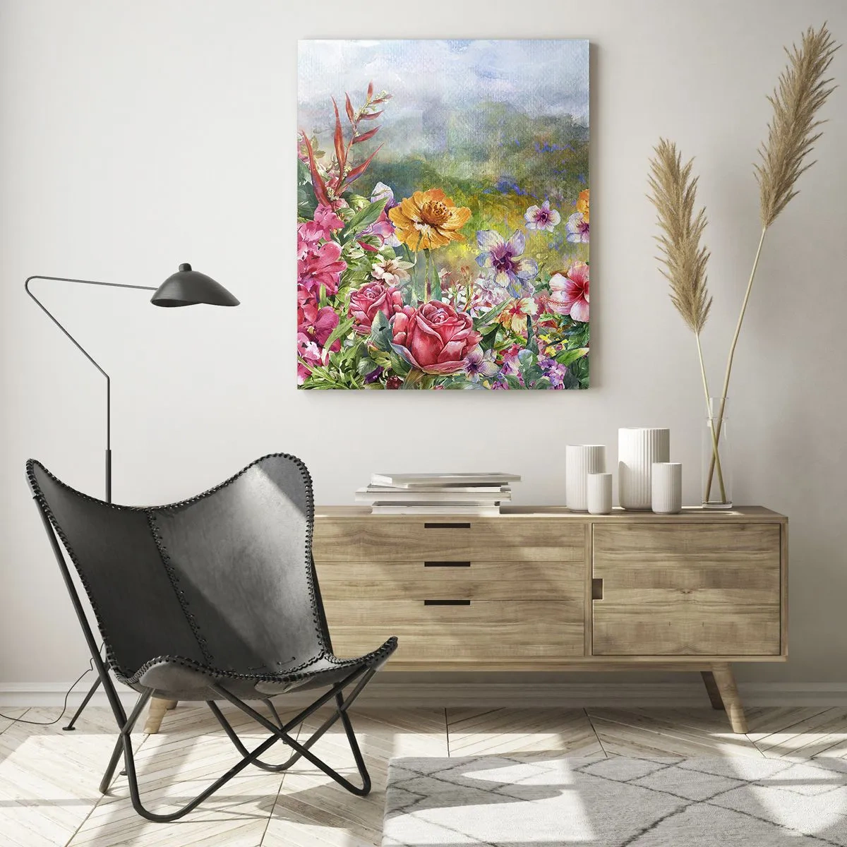 Glasbild - Bild auf glas - Ein Strauß bunter Blumen vor einer malerischen Landschaft - 50x70cm - Ein Garten, der verrückt geworden ist - Moderne Wanddekoration für Wohnzimmer und Schlafzimmer ARTTOR