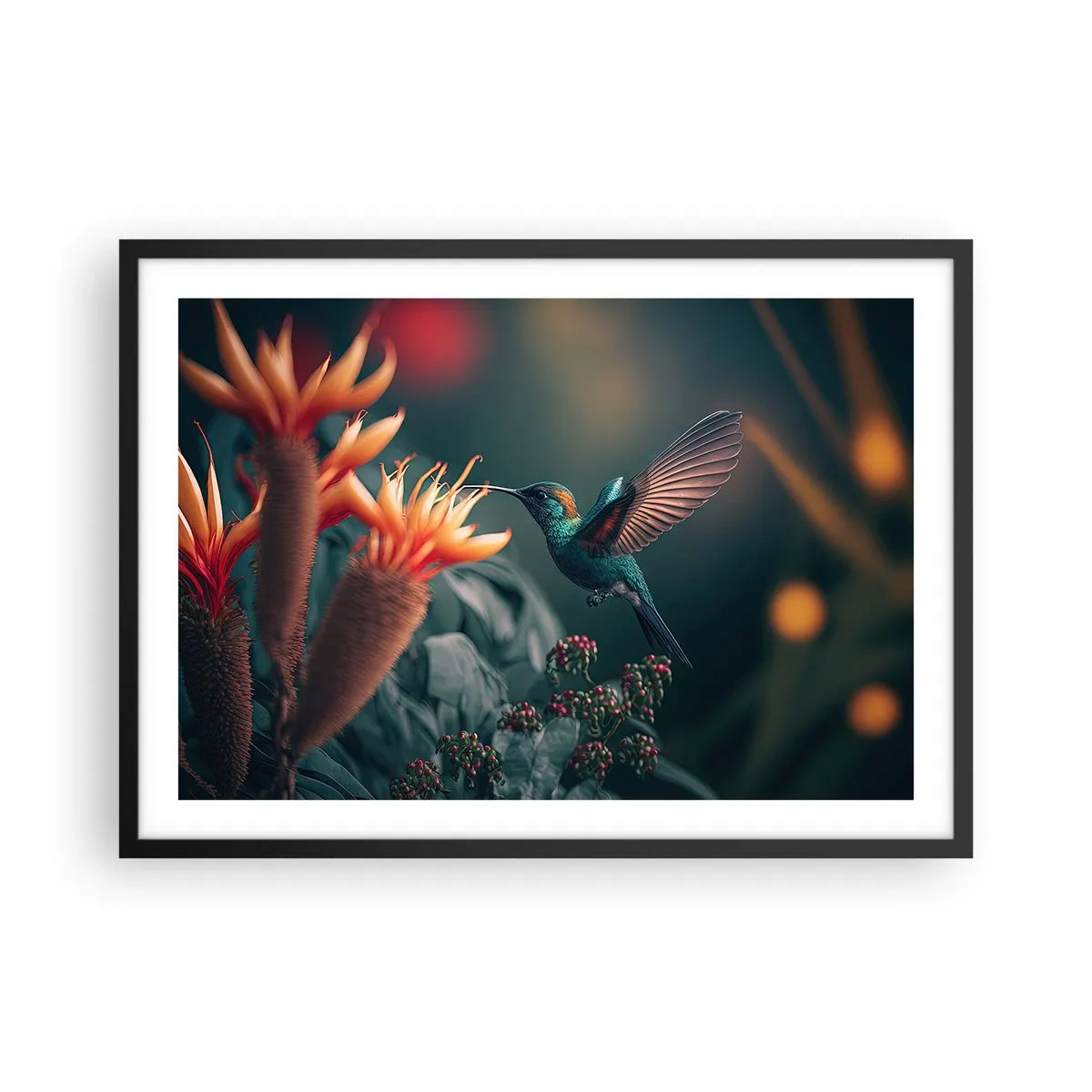 Poster in einem schwarzem Rahmen - Ein bunter Kolibri neben Blumen vor einem natürlichen Hintergrund - 70x50cm - Wirklich buntes Leben - Moderne Wanddekoration für Wohnzimmer und Schlafzimmer ARTTOR