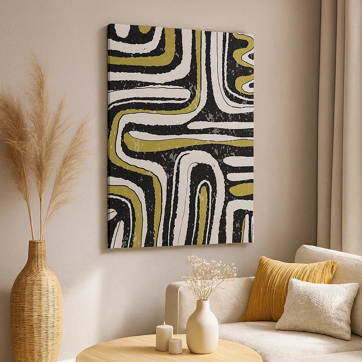 Bild auf Leinwand - Leinwandbild - Abstraktes Muster in Schwarz, Weiß und Gold - 50x70cm - Komposition: Straßen und Gassen - Moderne Wanddekoration für Wohnzimmer und Schlafzimmer ARTTOR