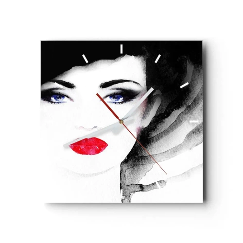 Wanduhr - Glasuhr - Porträt einer Frau mit roten Lippen und intensiven blauen Augen - 30x30cm - Er drückt zurück und ruft an - Moderne Wanddekoration für Wohnzimmer und Schlafzimmer ARTTOR