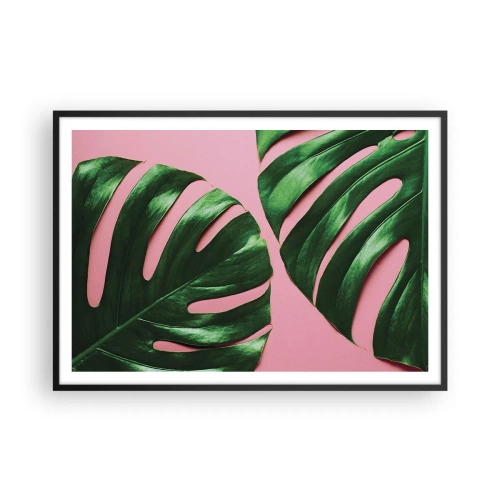 Poster in einem schwarzem Rahmen - Grüne Monstera-Blätter auf rosa Hintergrund - 100x70cm - Rendezvous im Grünen - Moderne Wanddekoration für Wohnzimmer und Schlafzimmer ARTTOR