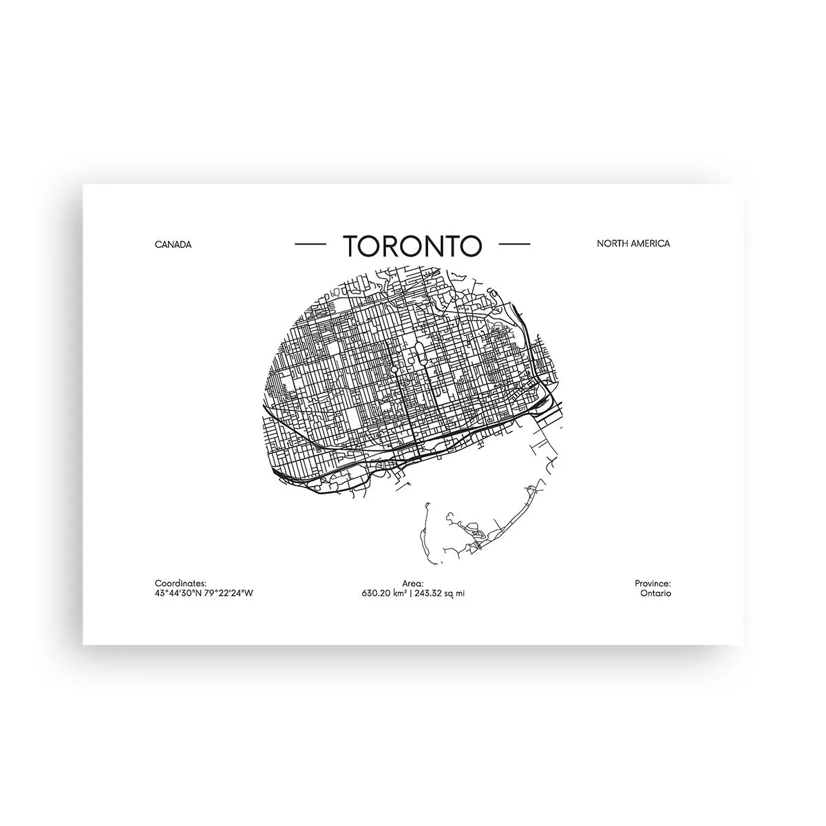 Poster - Eine Karte von Toronto im minimalistischen Schwarz-Weiß-Stil - 100x70cm - Anatomie von Toronto - Moderne Wanddekoration für Wohnzimmer und Schlafzimmer ARTTOR