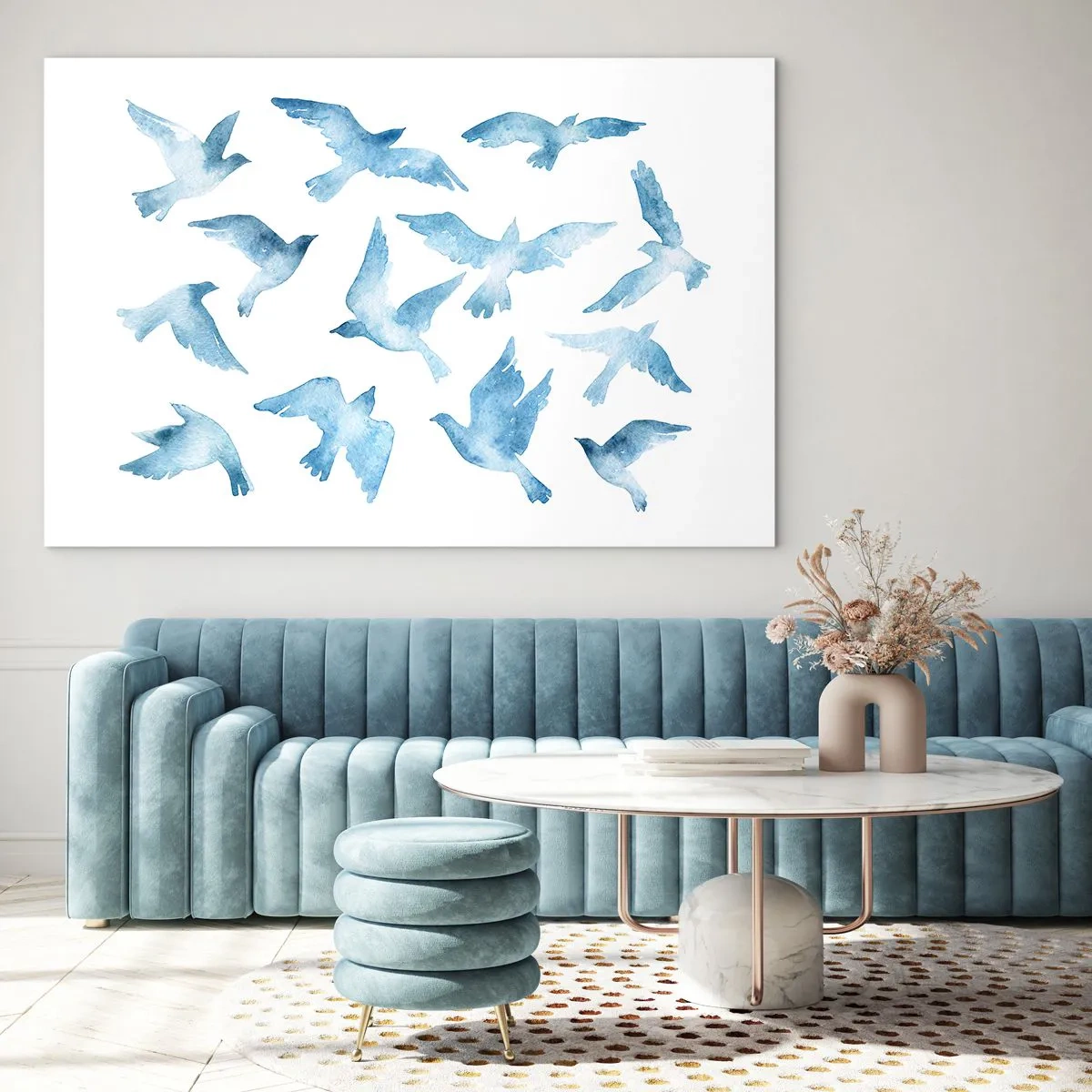 Glasbild - Bild auf glas - Illustration von blauen Vögeln auf weißem Hintergrund - 70x50cm - Blaue Vögel - Moderne Wanddekoration für Wohnzimmer und Schlafzimmer ARTTOR