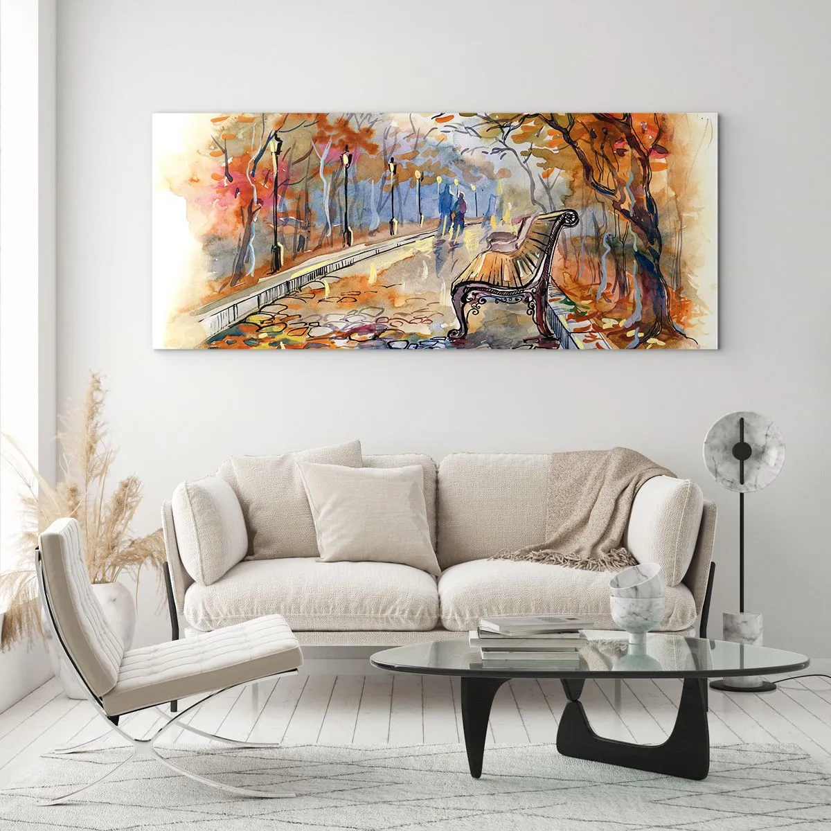 Glasbild - Bild auf glas - Ein herbstlicher Park mit einer Bank in Aquarell - 120x50cm - Gemeinsam im Herbst wandern - Moderne Wanddekoration für Wohnzimmer und Schlafzimmer ARTTOR