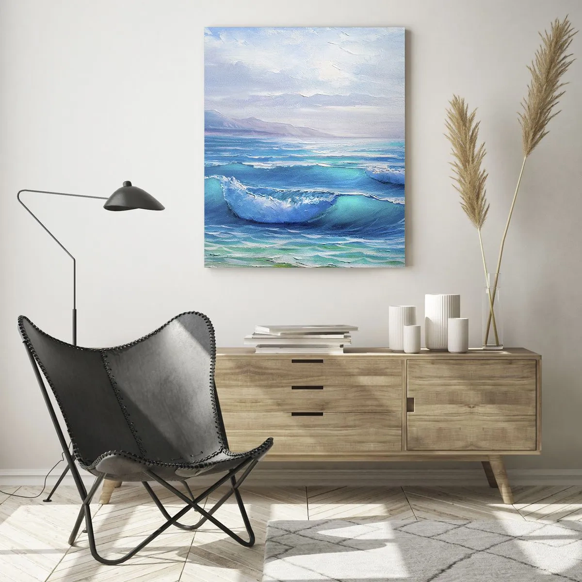 Glasbild - Bild auf glas - Blaue Meereswellen plätschern an einem sonnigen Tag an die Küste - 50x70cm - Es bringt Erleichterung - Moderne Wanddekoration für Wohnzimmer und Schlafzimmer ARTTOR