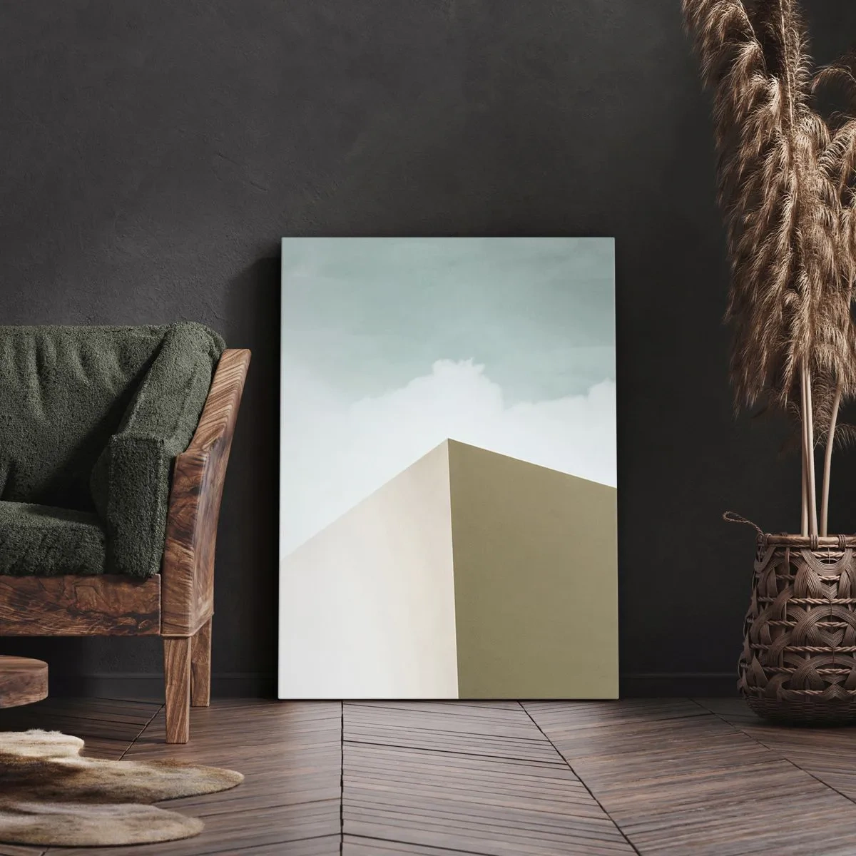 Bild auf Leinwand - Leinwandbild - Minimalistische Architektur mit pastellfarbenen Blöcken und Himmel - 50x70cm - Geometrie des sonnigen Sommers - Moderne Wanddekoration für Wohnzimmer und Schlafzimmer ARTTOR