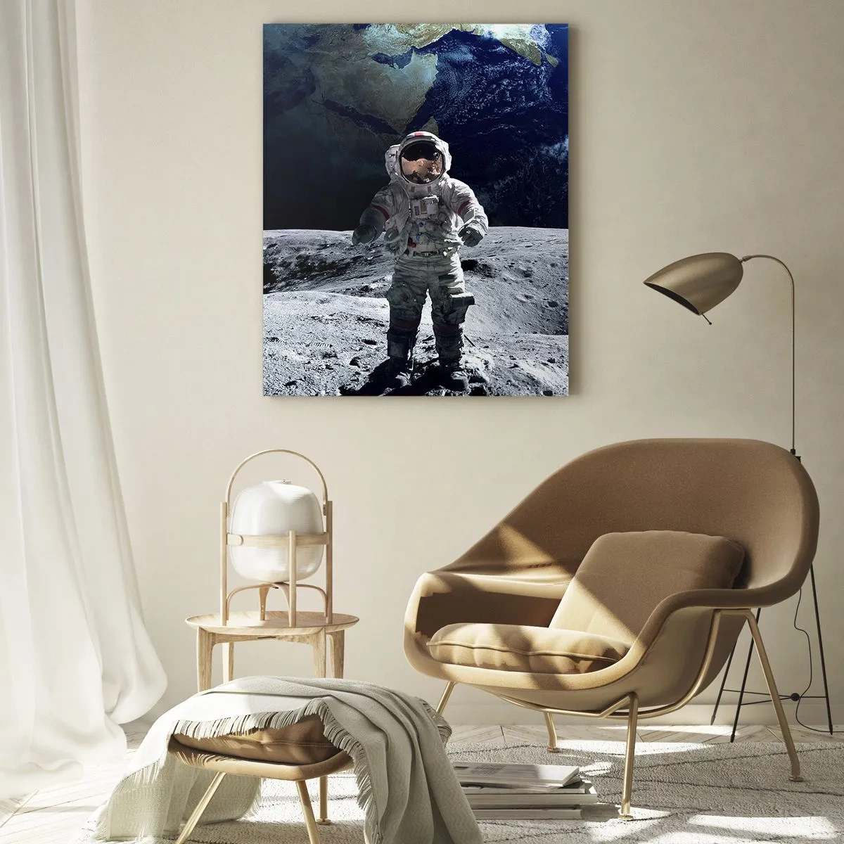 Glasbild - Bild auf glas - Astronaut auf der Mondoberfläche mit der Erde im Hintergrund - 70x100cm - Grüße vom Mond - Moderne Wanddekoration für Wohnzimmer und Schlafzimmer ARTTOR