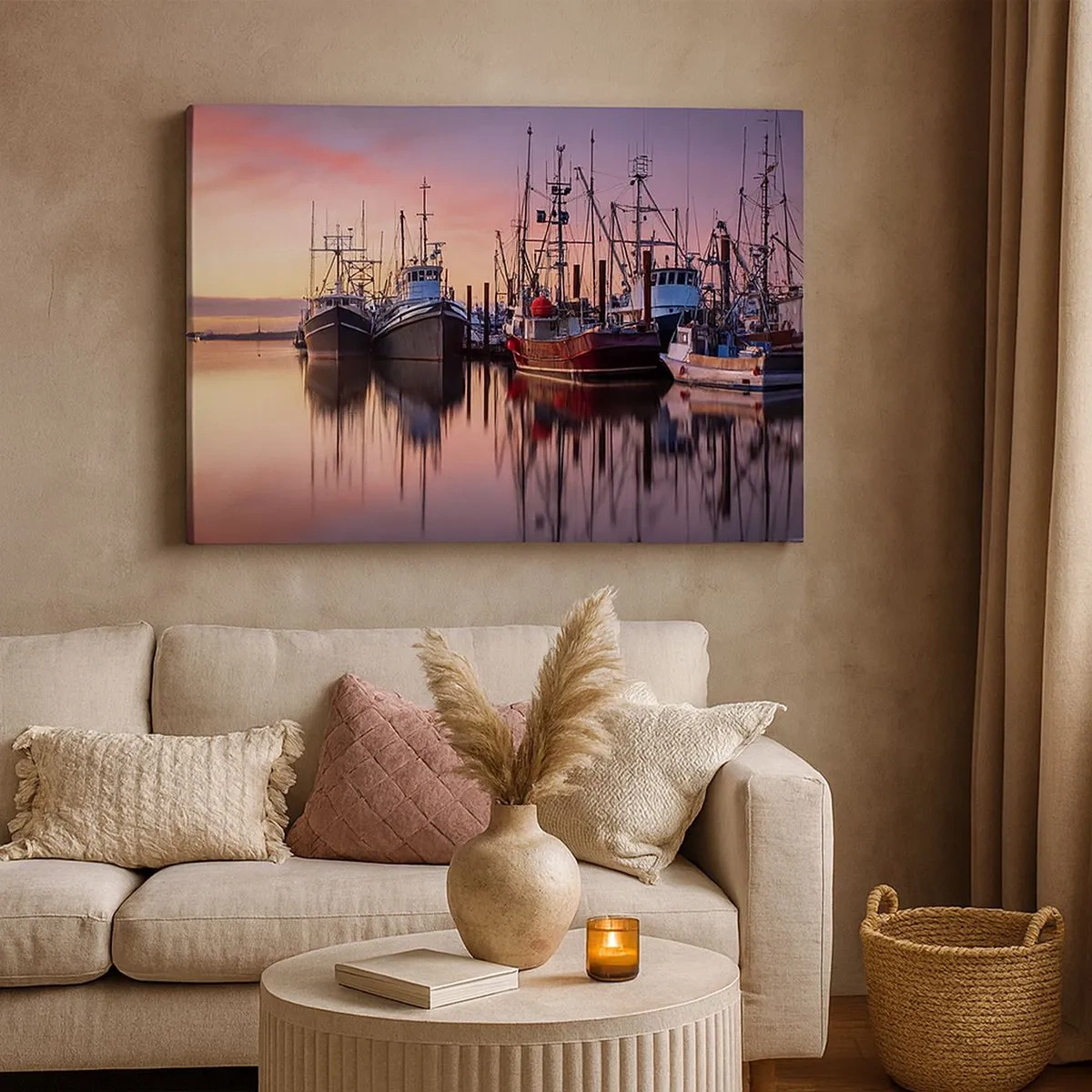 Bild auf Leinwand - Leinwandbild - Fischerboote im Hafen bei Sonnenuntergang - 70x50cm - Vor dem nächsten Tag - Moderne Wanddekoration für Wohnzimmer und Schlafzimmer ARTTOR