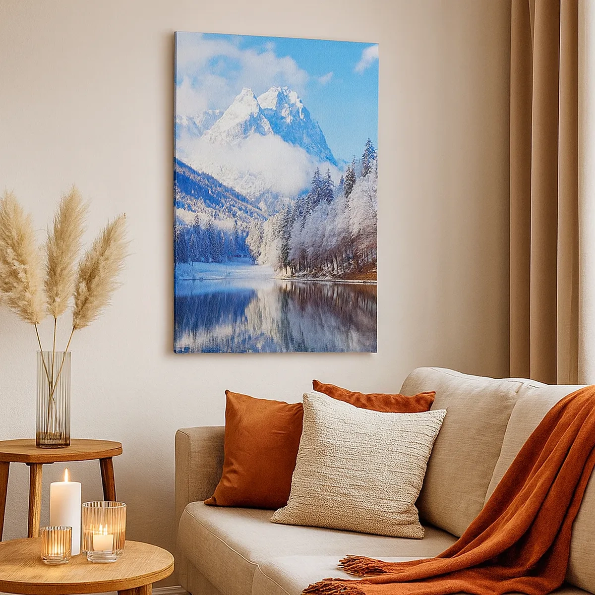 Bild auf Leinwand - Leinwandbild - Winterliche Berglandschaft mit schneebedeckten Bäumen und einem See - 50x70cm - Schneefang - Moderne Wanddekoration für Wohnzimmer und Schlafzimmer ARTTOR