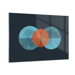 Glasbild - Bild auf glas - Farbige Kreise mit vertikalen Linien auf dunklem Hintergrund - 100x70cm - Symmetrische Komposition - Moderne Wanddekoration für Wohnzimmer und Schlafzimmer ARTTOR