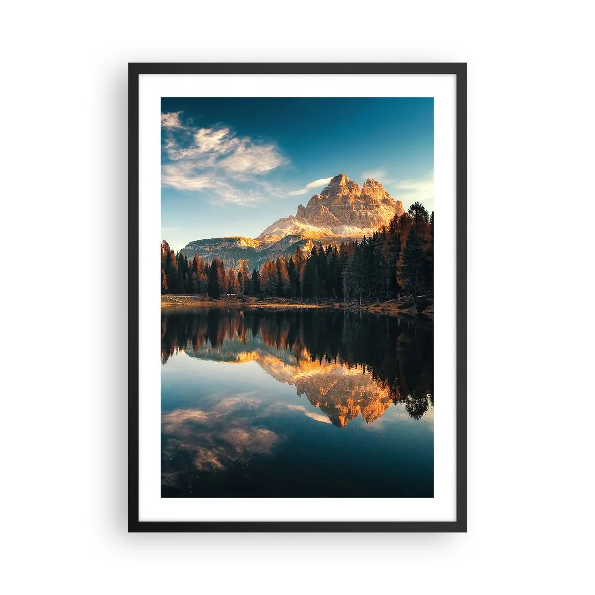 Poster in einem schwarzem Rahmen - Ein Berggipfel spiegelt sich in einem ruhigen See - 50x70cm - Doppelte Landschaft - Moderne Wanddekoration für Wohnzimmer und Schlafzimmer ARTTOR