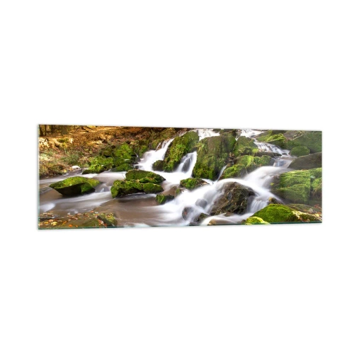 Glasbild - Bild auf glas - Eine bewaldete Landschaft mit einem von Moos umgebenen Wasserfall - 160x50cm - Rasch durch den herbstlichen Wald - Moderne Wanddekoration für Wohnzimmer und Schlafzimmer ARTTOR
