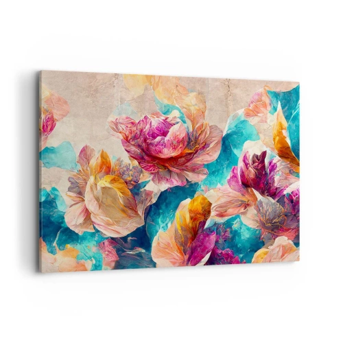 Bild auf Leinwand - Leinwandbild - Bunte Blumen auf beigem Hintergrund - 120x80cm - Farbenpracht des Straußes - Moderne Wanddekoration für Wohnzimmer und Schlafzimmer ARTTOR
