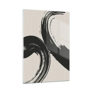 Glasbild - Bild auf glas - Schwarze, dynamische kalligrafische Pinselstriche auf hellem Hintergrund. - 50x70cm - Ausladend und kreisförmig - Moderne Wanddekoration für Wohnzimmer und Schlafzimmer ARTTOR
