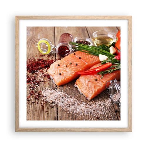 Poster in einem Rahmen aus heller Eiche - Norwegisches Abenteuer in der Küche - 50x50 cm