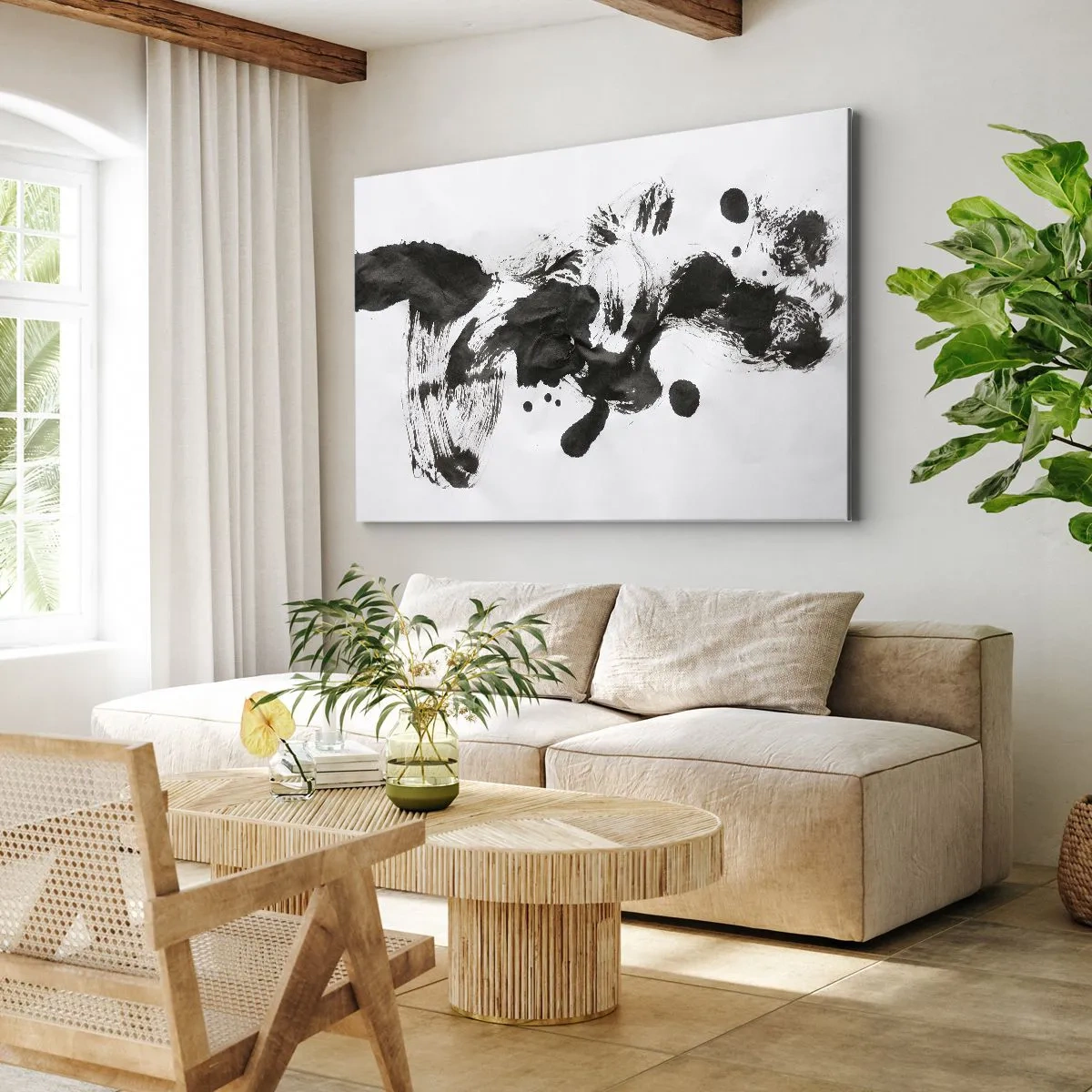 Bild auf Leinwand - Leinwandbild - Abstrakte Komposition aus schwarzen Flecken auf weißem Hintergrund - 120x80cm - Obwohl das Wahnsinn ist, steckt darin eine Methode? - Moderne Wanddekoration für Wohnzimmer und Schlafzimmer ARTTOR