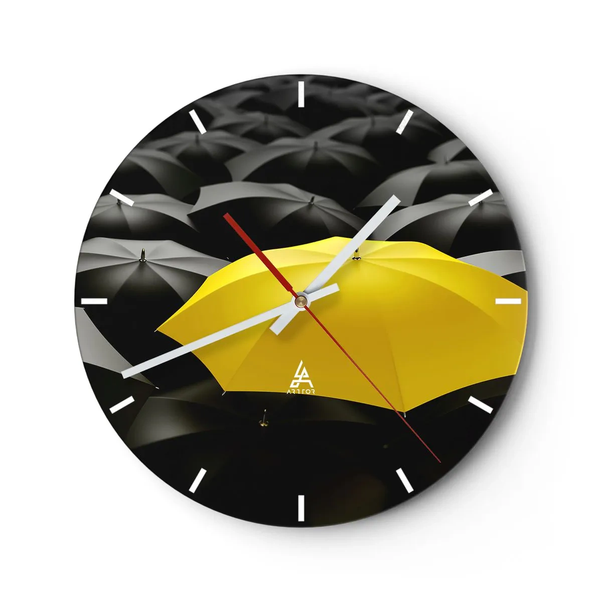 Wanduhr - Glasuhr - Ein gelber Regenschirm, der sich vom schwarzen Hintergrund abhebt - 30x30cm - Auf Wiedersehen Trauer - Moderne Wanddekoration für Wohnzimmer, Küche und Schlafzimmer ARTTOR