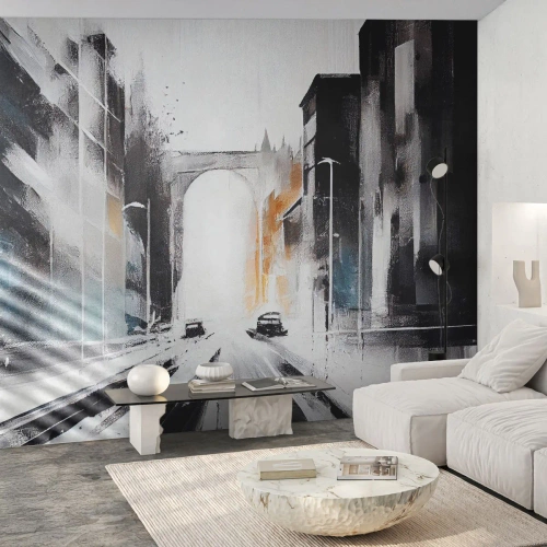 Fototapete Premium Sand - Eine moderne Interpretation einer Stadtstraße mit einem Bogen und Autos - 100x70cm - Stadtstudie: Architektur und Bewegung - Moderne Wanddekoration für Wohnzimmer und Schlafzimmer ARTTOR