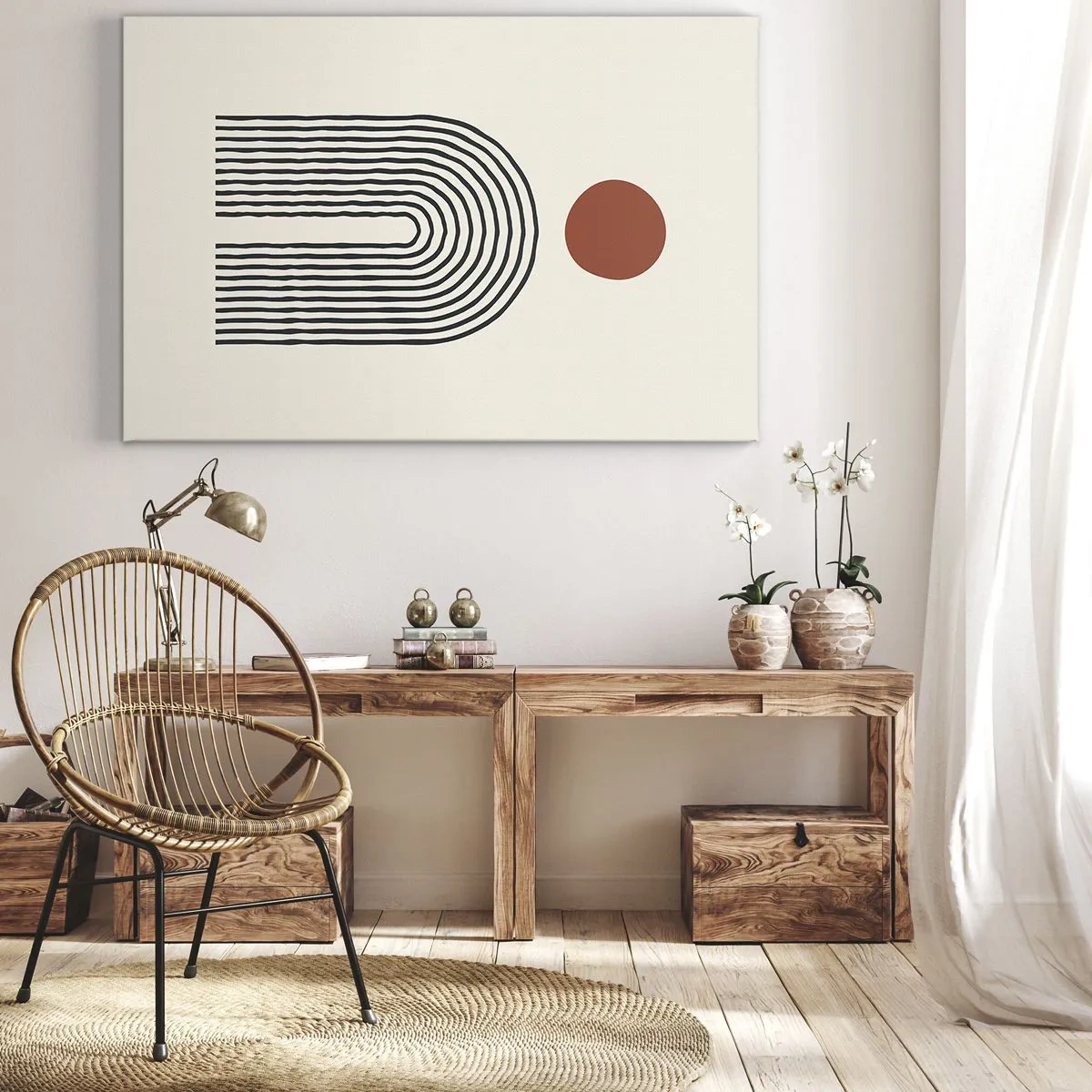 Bild auf Leinwand - Leinwandbild - Modernes abstraktes Muster mit Linien und einem roten Kreis - 100x70cm - Magnetismus von Formen und Farben - Moderne Wanddekoration für Wohnzimmer und Schlafzimmer ARTTOR