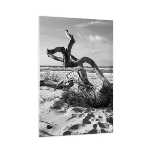 Glasbild - Bild auf glas - Schwarz-weiße Landschaft mit einem toten Baum am Strand - 70x100cm - Meeresskulptur - Moderne Wanddekoration für Wohnzimmer und Schlafzimmer ARTTOR