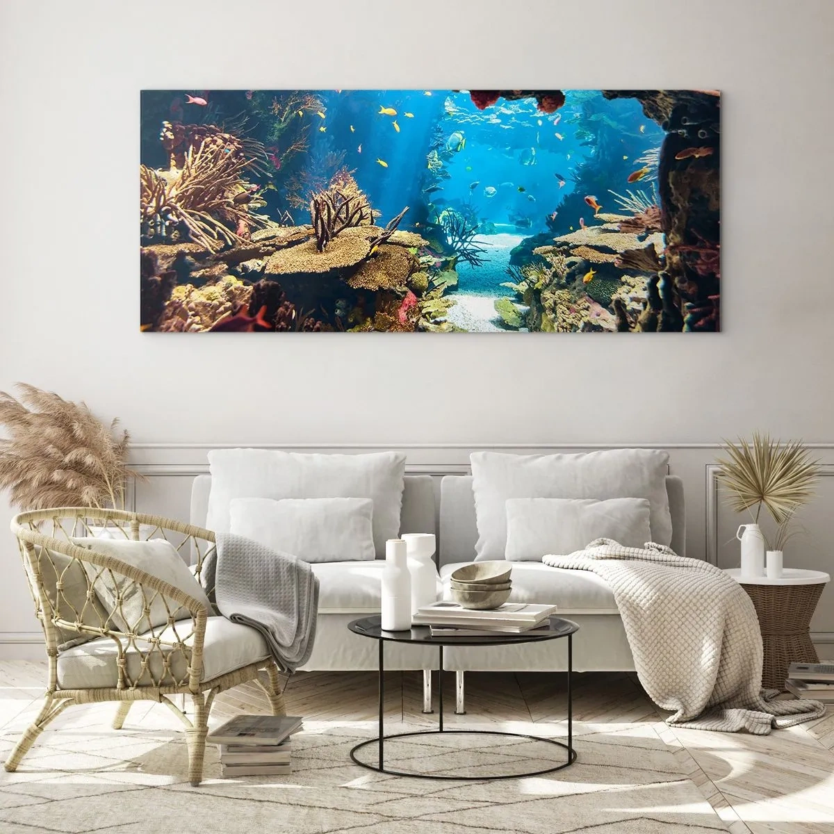 Glasbild - Bild auf glas - Unterwasserwelt mit Korallenriff und Fischen - 140x50cm - Du hast es noch nicht einmal geträumt - Moderne Wanddekoration für Wohnzimmer und Schlafzimmer ARTTOR