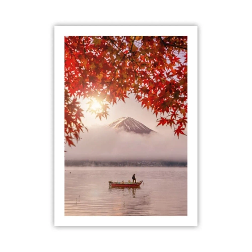 Poster - Mount Fuji mit einem Boot auf einem See und Herbstlaub - 50x70cm - Im japanischen Klima - Moderne Wanddekoration für Wohnzimmer und Schlafzimmer ARTTOR