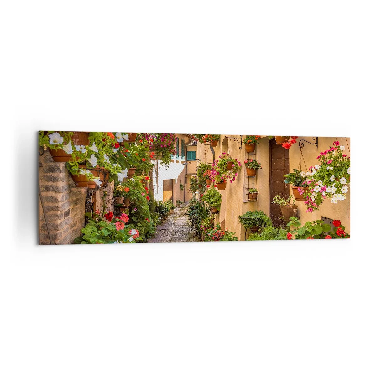 Bild auf Leinwand - Leinwandbild - Eine bezaubernde Straße voller Blumen und Blumentöpfe - 160x50cm - Italienische Gasse - Moderne Wanddekoration für Wohnzimmer und Schlafzimmer ARTTOR