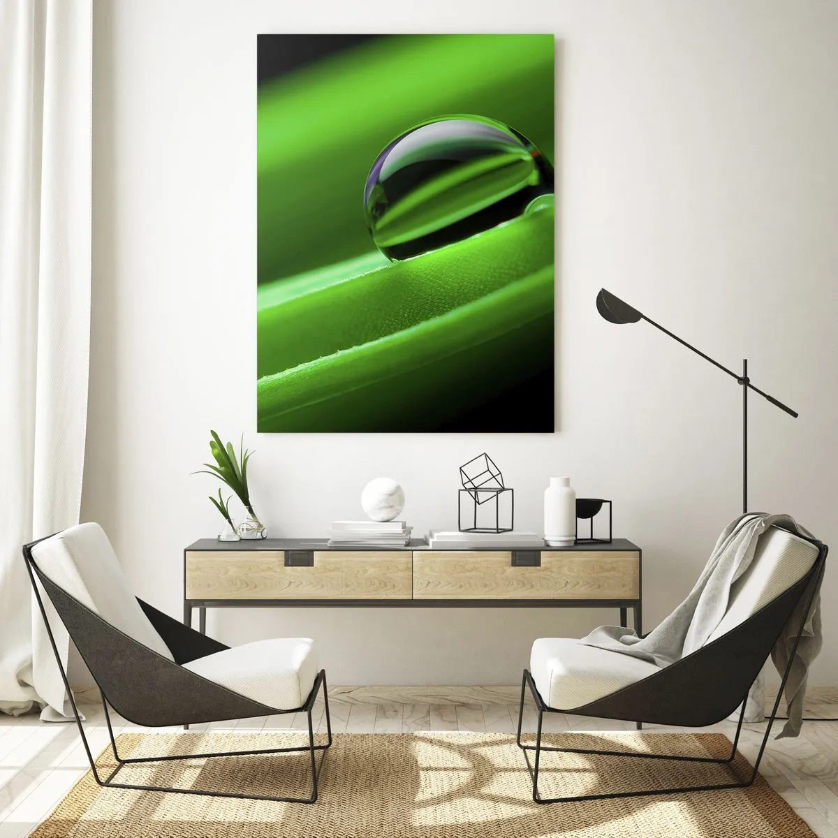 Glasbild - Bild auf glas - Ein Tropfen Tau auf einem grünen Blatt - 50x70cm - Leben hautnah - Moderne Wanddekoration für Wohnzimmer und Schlafzimmer ARTTOR
