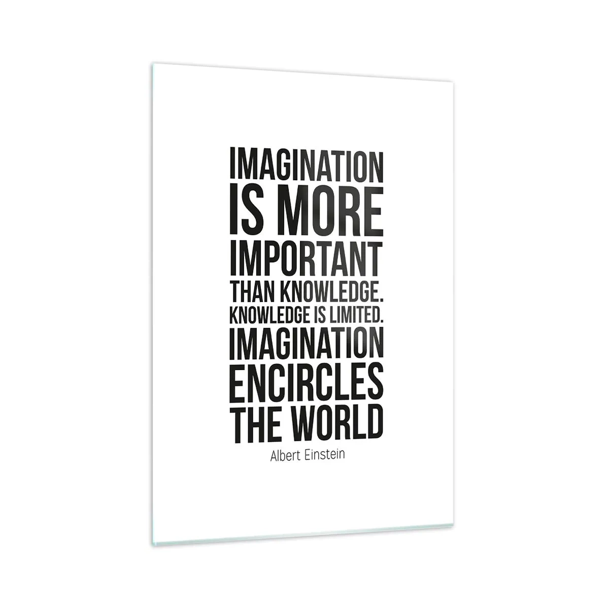 Glasbild - Bild auf glas - Ein Zitat über Vorstellungskraft in minimalistischer Typografie - 50x70cm - Einstein über die Kraft der Vorstellungskraft - Moderne Wanddekoration für Wohnzimmer und Schlafzimmer ARTTOR