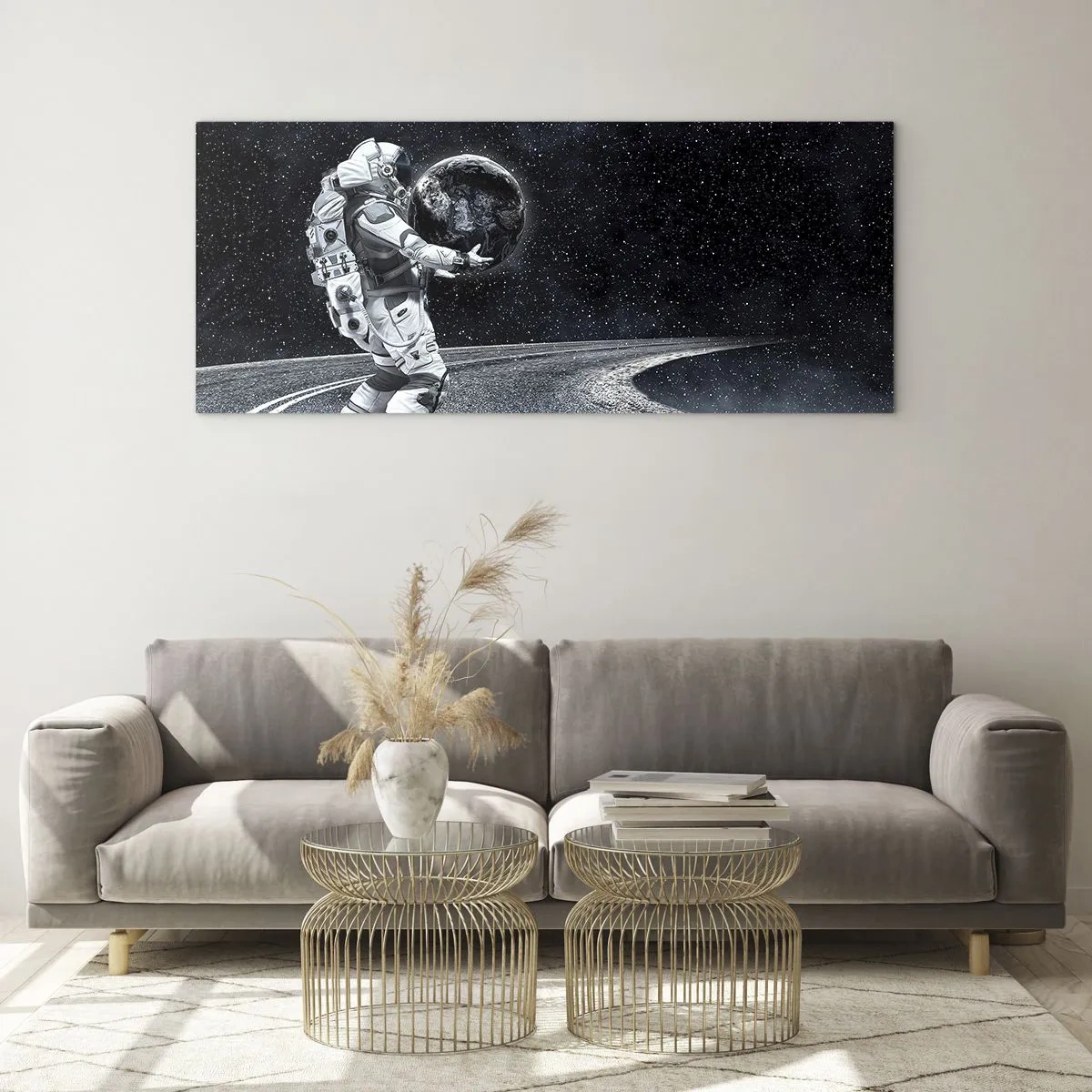 Glasbild - Bild auf glas - Astronaut mit Erde vor dem Sternenhimmel - 160x50cm - Auf der Milchstraße - Moderne Wanddekoration für Wohnzimmer und Schlafzimmer ARTTOR