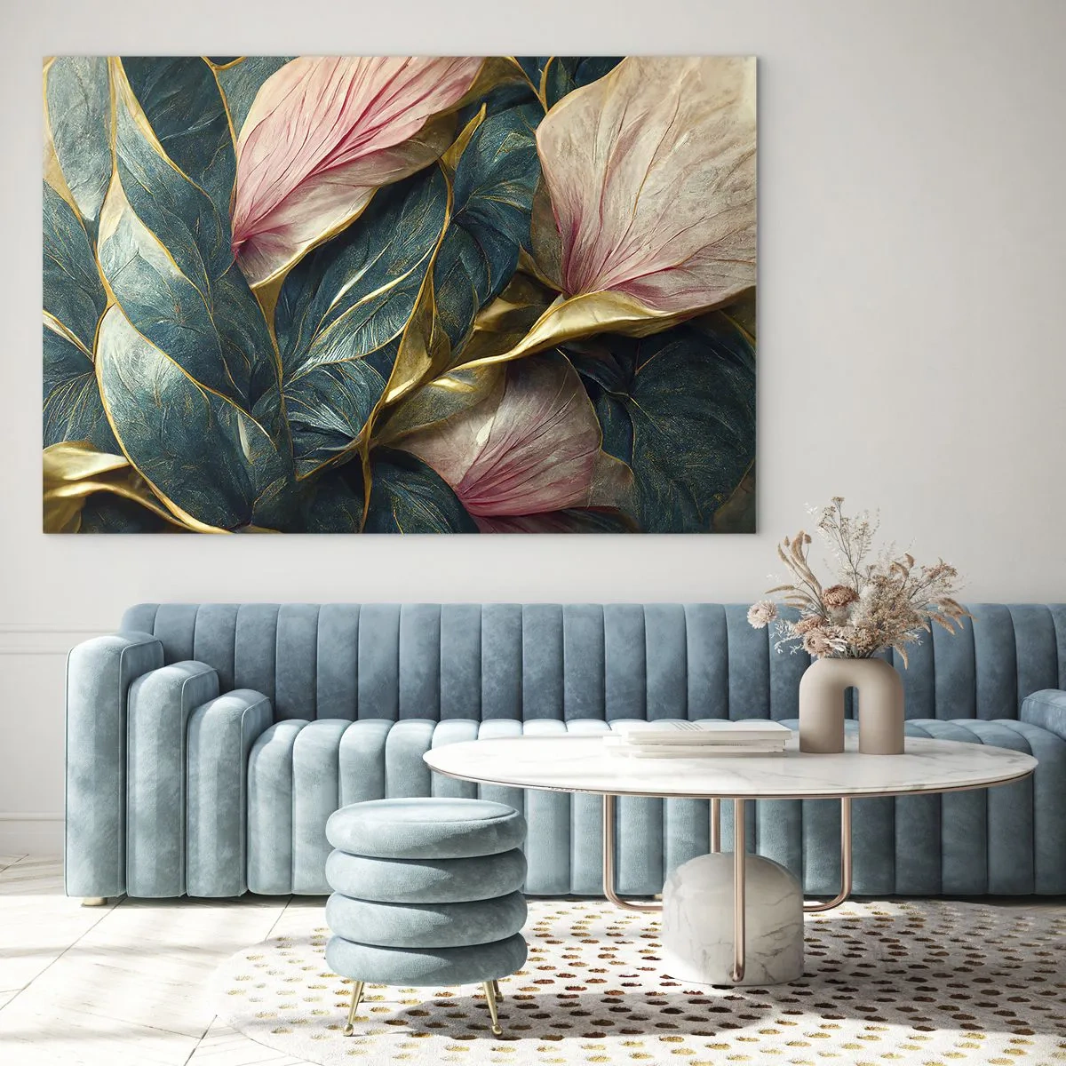 Glasbild - Bild auf glas - Grüne und rosa Blätter mit goldenen Akzenten - 70x50cm - Natürliche Eleganz und Stil - Moderne Wanddekoration für Wohnzimmer und Schlafzimmer ARTTOR