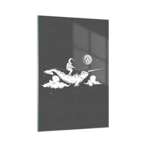 Glasbild - Bild auf glas - Ein Astronaut auf dem Rücken eines Narwals, der in einer Weltraumszene schwimmt. - 70x100cm - Weltraumreiter - Moderne Wanddekoration für Wohnzimmer und Schlafzimmer ARTTOR