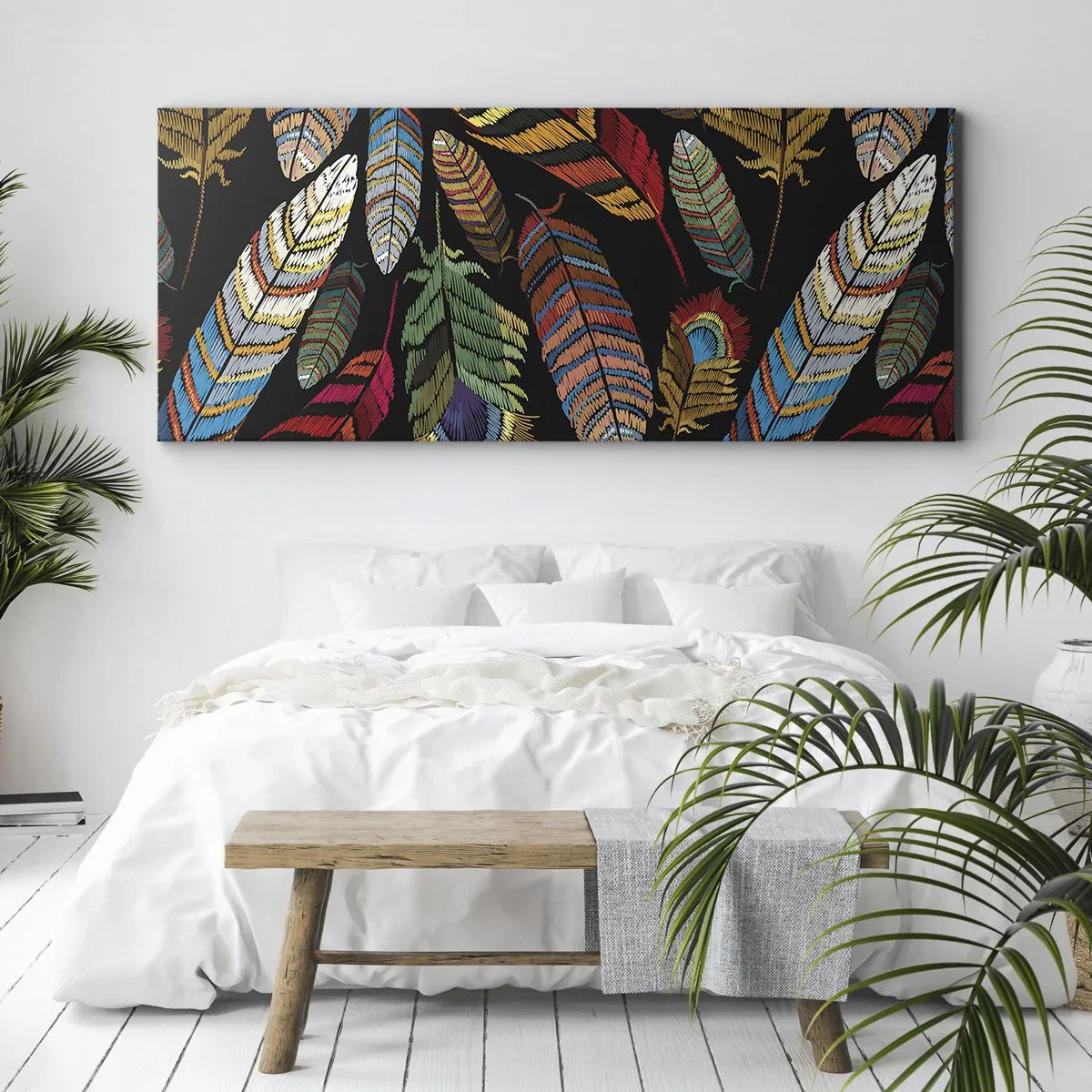Bild auf Leinwand - Leinwandbild - Bunte Federn auf schwarzem Hintergrund - 160x50cm - Der Vogelkarneval - Moderne Wanddekoration für Wohnzimmer und Schlafzimmer ARTTOR