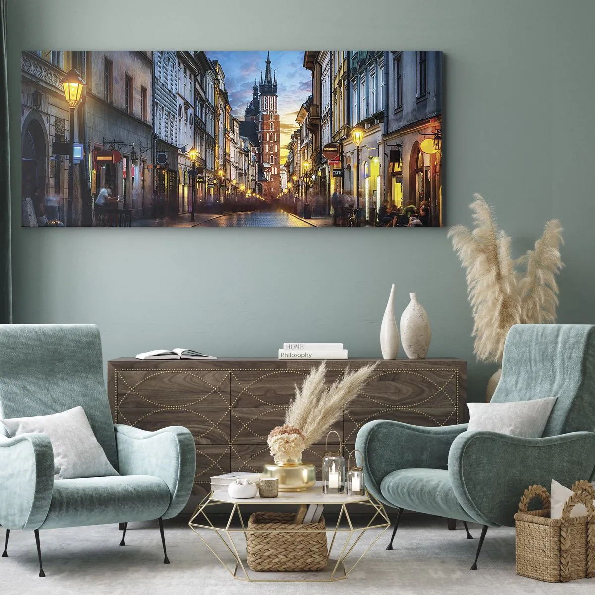 Bild auf Leinwand - Leinwandbild - Abendliche Straße mit Blick auf die Krakauer Kathedrale - 160x50cm - Krakauer Charme - Moderne Wanddekoration für Wohnzimmer und Schlafzimmer ARTTOR