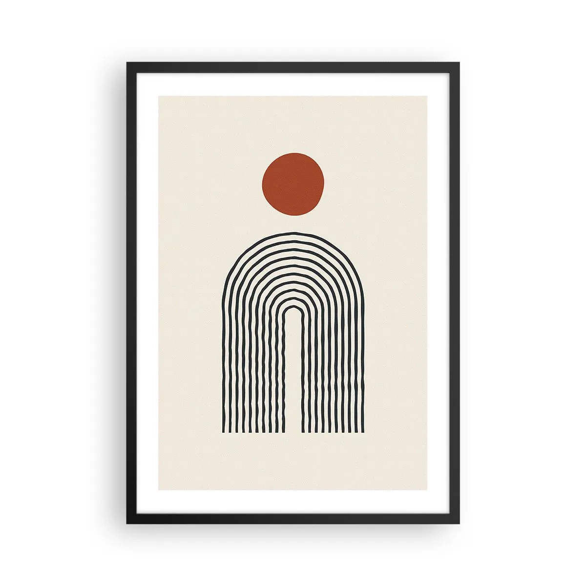Poster in einem schwarzem Rahmen - Geometrische Abstraktion mit einem linearen Bogen und einem roten Kreis. - 50x70cm - Magnetismus von Formen und Farben - Moderne Wanddekoration für Wohnzimmer und Schlafzimmer ARTTOR