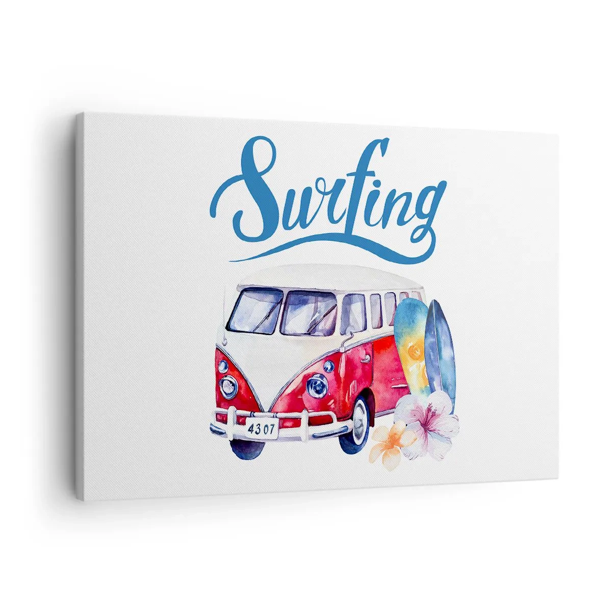 Bild auf Leinwand - Leinwandbild - Bunte Grafiken mit einem Bus und einem Surfthema - 70x50cm - Gurke - ein Klassiker für einen Surfer - Moderne Wanddekoration für Wohnzimmer und Schlafzimmer ARTTOR