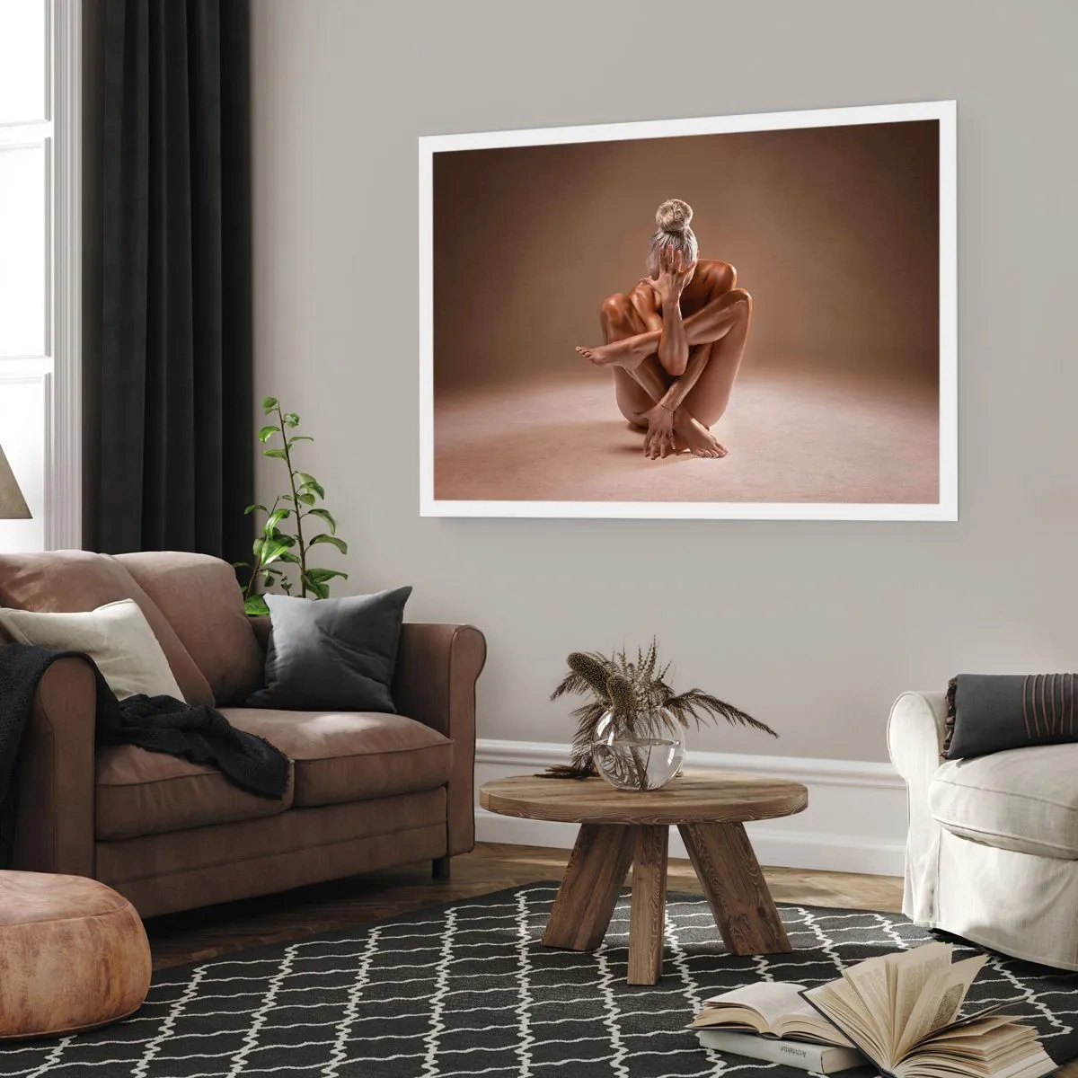 Poster - Künstlerische Silhouette einer Frau auf beigem Hintergrund - 100x70cm - Die Einheit von Körper und Geist - Moderne Wanddekoration für Wohnzimmer und Schlafzimmer ARTTOR