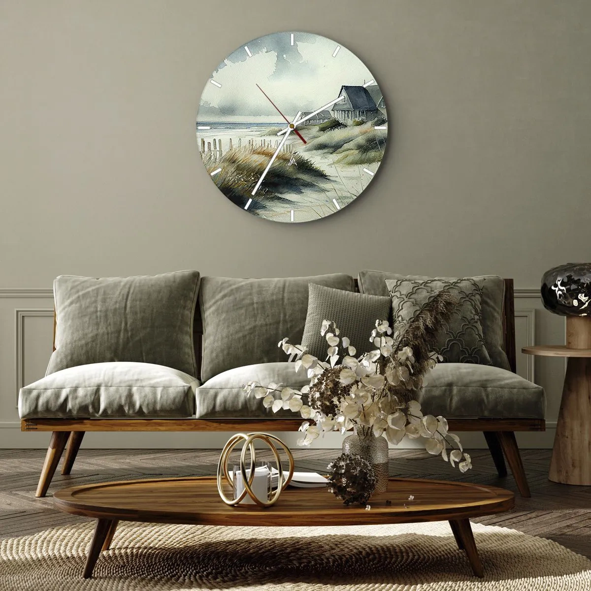 Wanduhr - Glasuhr - Dünenhäuser im Aquarellstil an einer ruhigen Küste - 30x30cm - Abseits vom Trubel - Moderne Wanddekoration für Wohnzimmer, Küche und Schlafzimmer ARTTOR