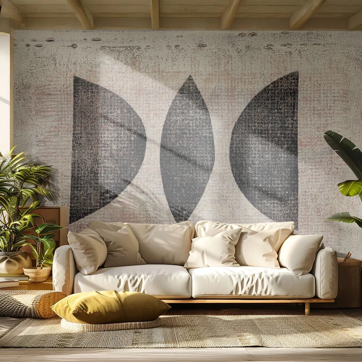 Fototapete Premium Sand - Geometrische Formen im Ethno-Stil auf cremefarbenem Hintergrund - 100x70cm - Ethnische Abstraktion - Moderne Wanddekoration für Wohnzimmer und Schlafzimmer ARTTOR