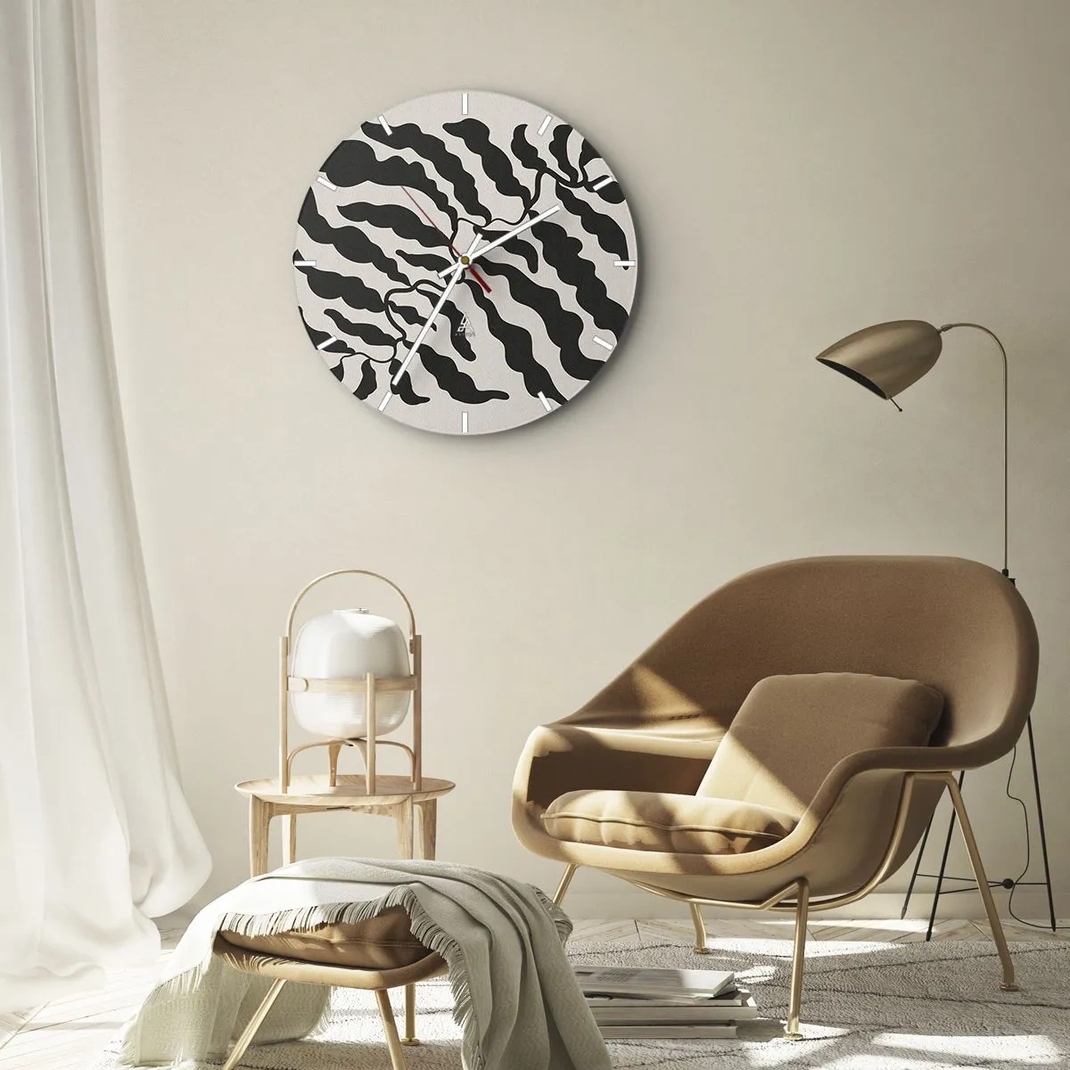 Wanduhr - Glasuhr - Schwarze organische blattähnliche Formen auf hellem Hintergrund - 30x30cm - Natur des Quadrats - Moderne Wanddekoration für Wohnzimmer, Küche und Schlafzimmer ARTTOR