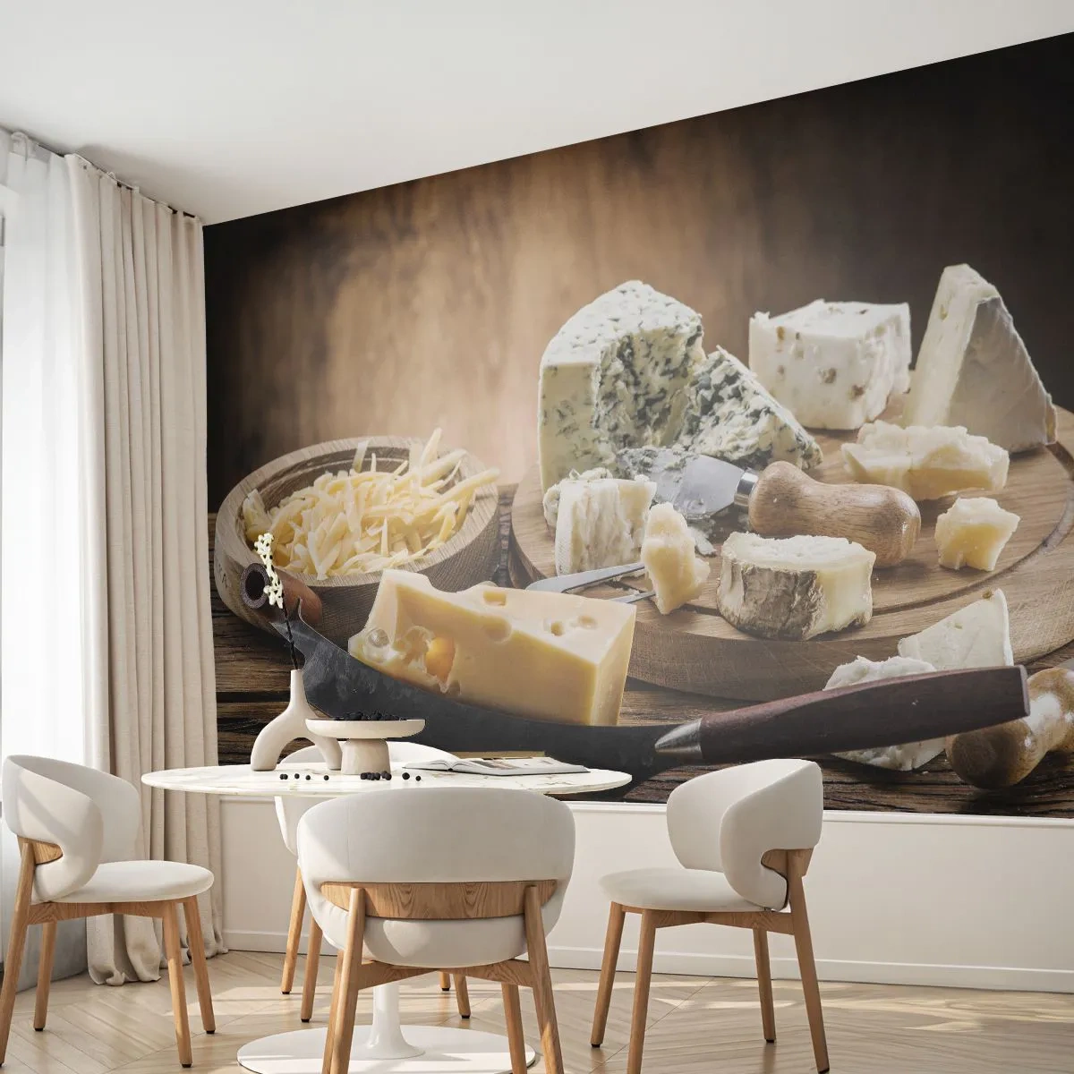 Fototapete Premium Sand - Lächeln Sie den Käse an - Gastronomie, Käsebrett, Kulinarisch - 450x315 cm